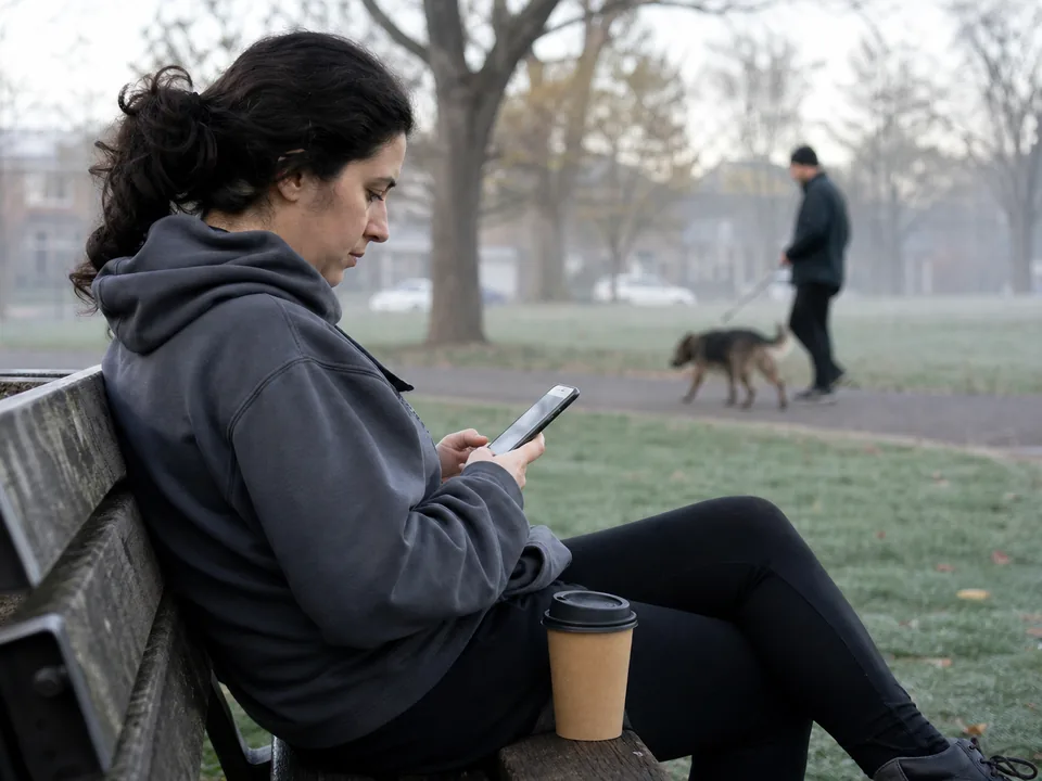 A woman sitting on a park bench in the morning, reading on her phone, coffee cup beside her, trees out of focus