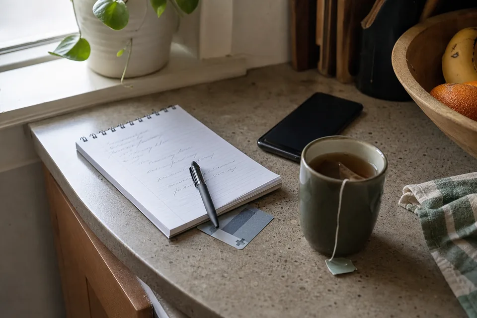 A handwritten list of questions on a notepad beside a phone and a cup of tea on a kitchen counter, before a first call to a therapist