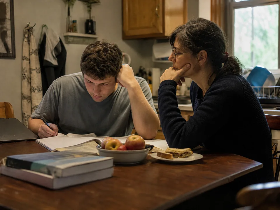 A parent and her grown son at a kitchen table with textbooks and a bowl of fruit, seen from the side