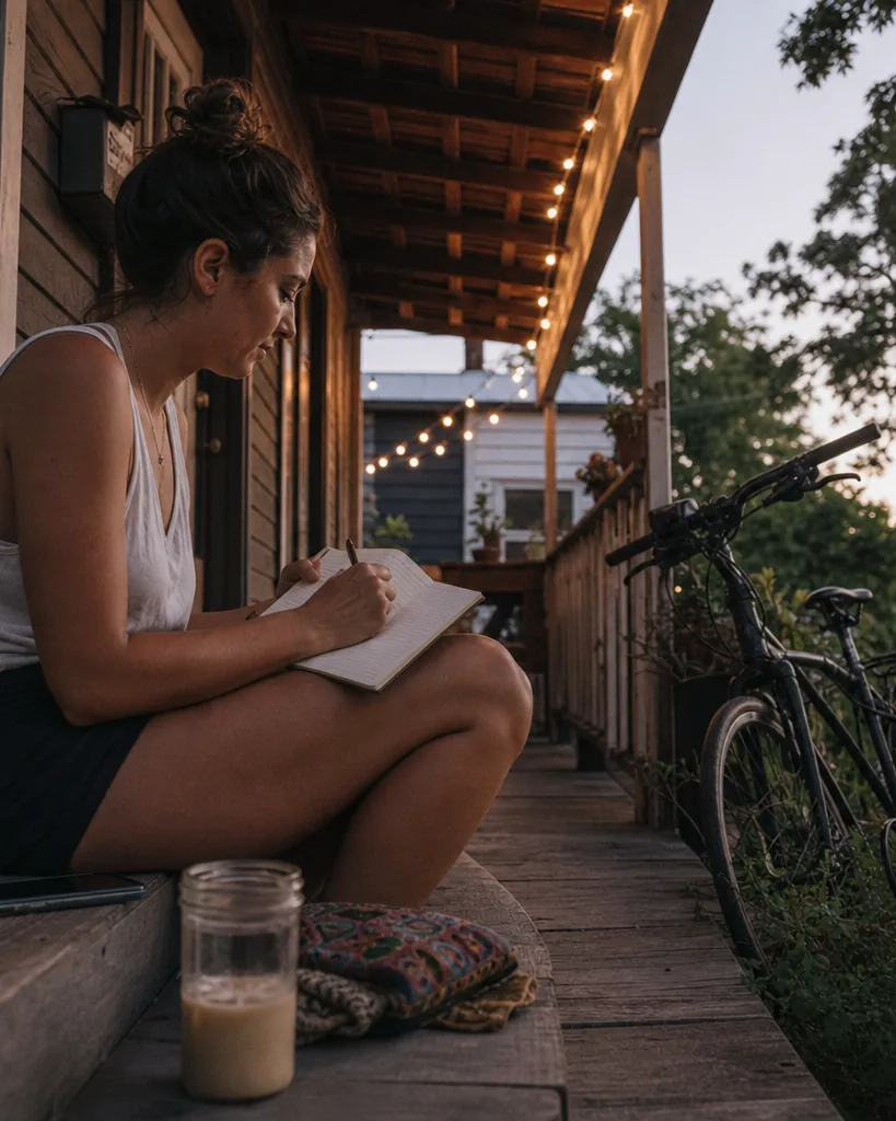 A woman sitting on a wooden porch in Austin in the evening, writing in a notebook