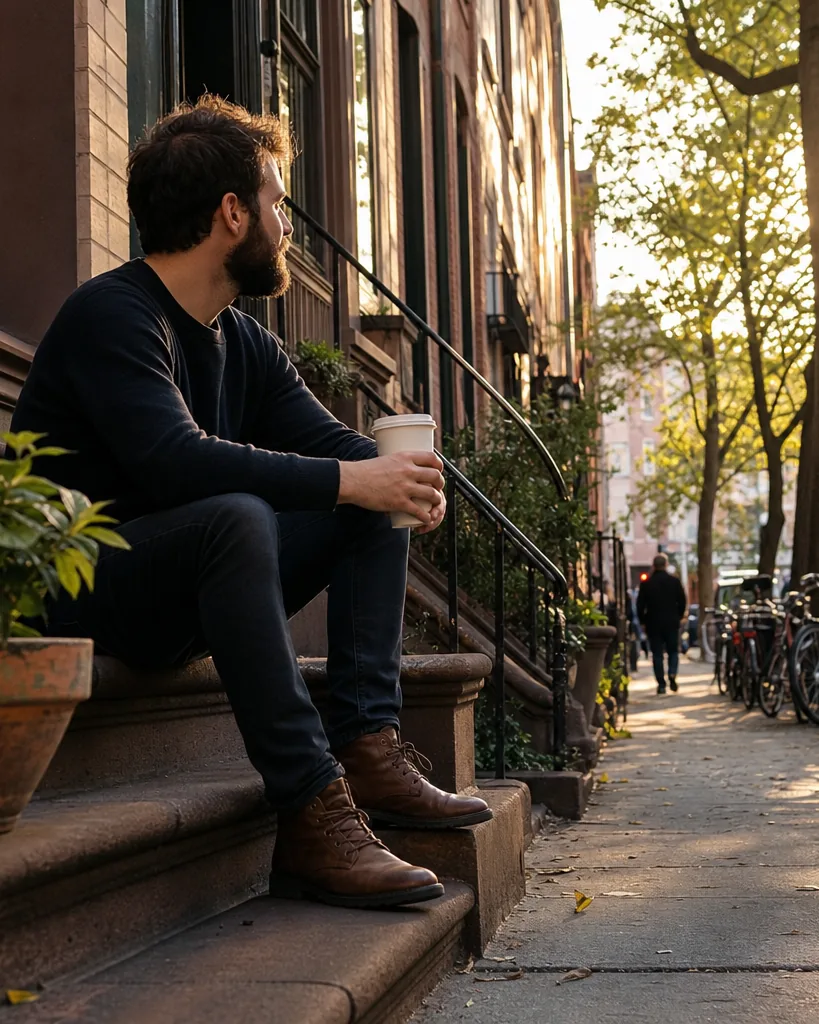 A man sitting on a brownstone stoop in Brooklyn in late afternoon, a cup of coffee in his hands