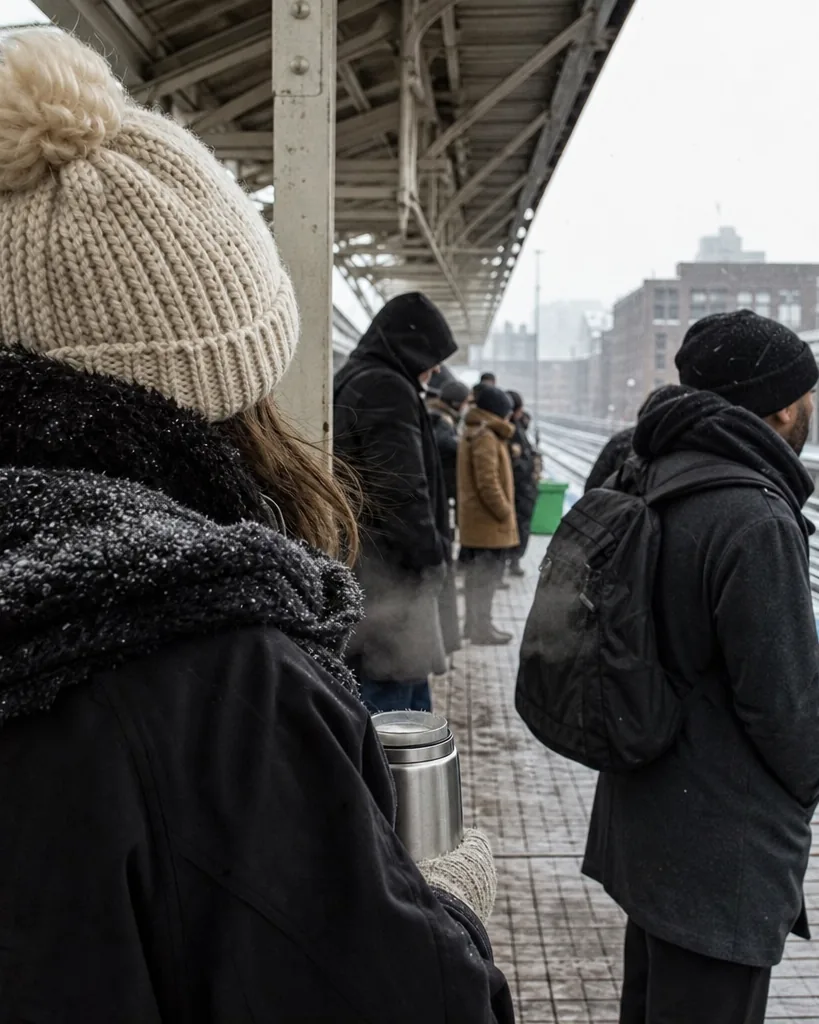Commuters on an elevated train platform in Chicago on a grey winter morning