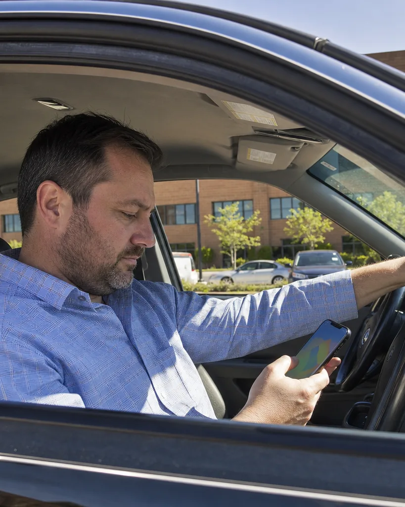 A man in a work shirt sitting in his parked car outside an office building in Dallas, looking at his phone