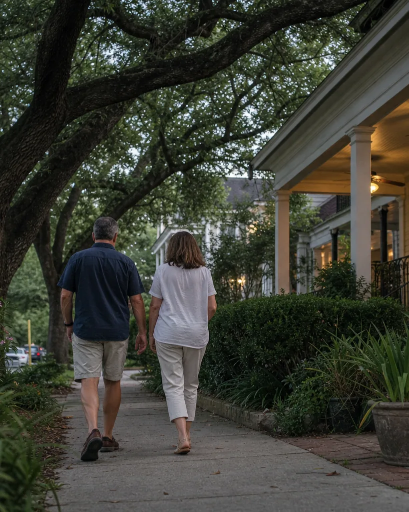 A couple walking under live oak trees on a residential street in Houston in warm evening light