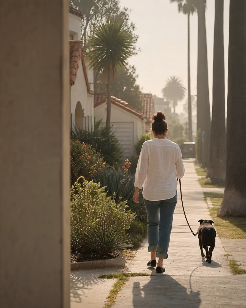 A woman walking along a palm lined residential street in Los Angeles in soft morning light