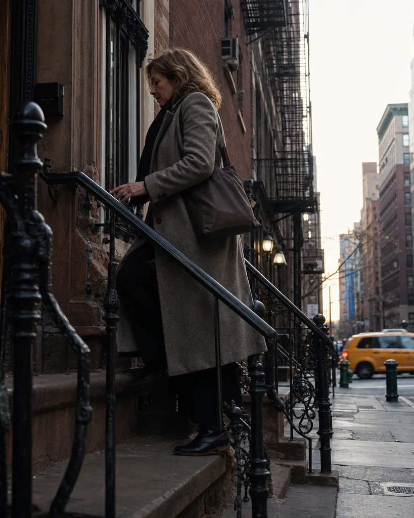 A woman walking up the stoop of a Manhattan walk-up building in the morning, a tote bag on her shoulder