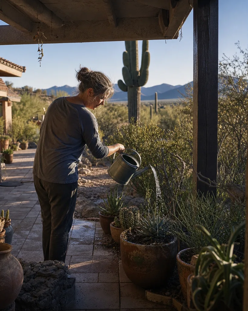 A woman watering plants on a shaded patio in Phoenix early in the morning