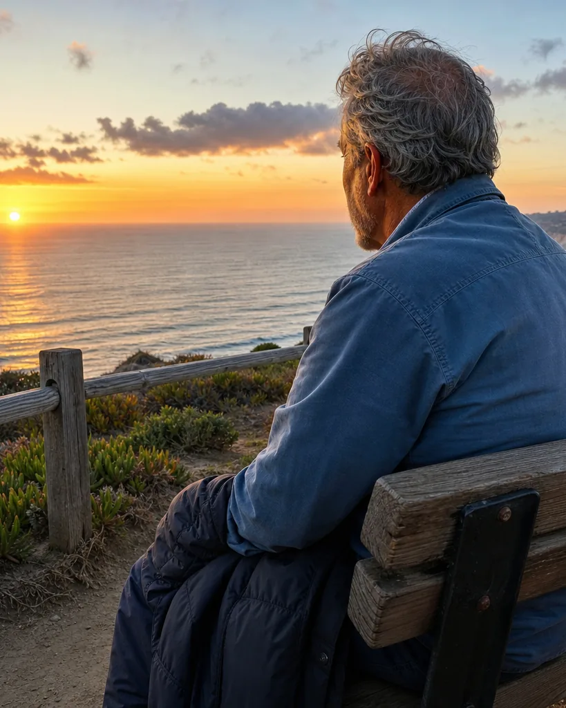 A man sitting on a bench above the beach in San Diego at sunset, a jacket over his knees