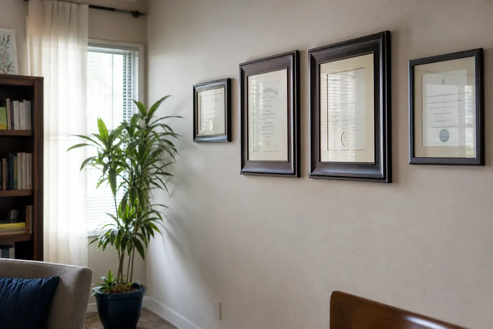 A row of framed diplomas and a state license on a wall in a therapist's office, seen at an angle, one plant below