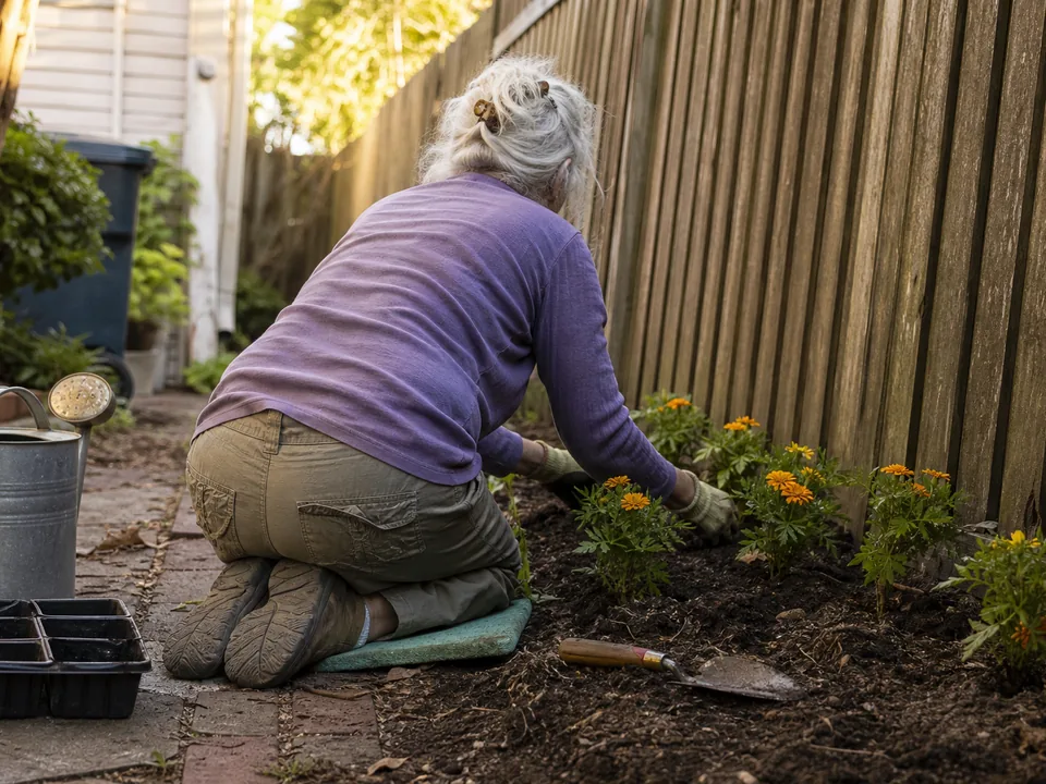 An older woman kneeling in a small backyard garden tending flowers, seen from behind, gardening gloves and a trowel