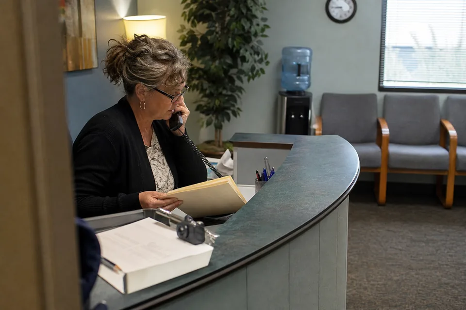 A receptionist at the front desk of a small group therapy practice sorting intake folders, waiting room chairs and a water cooler behind