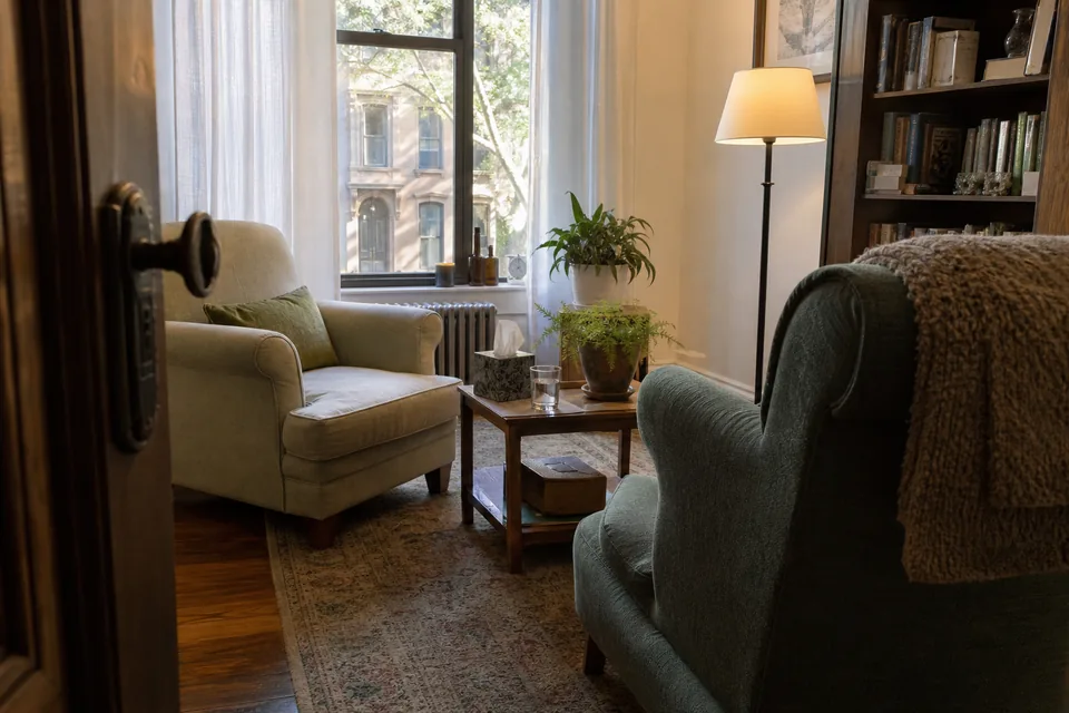 A therapist's quiet office seen from the doorway, two armchairs facing each other, a side table with a box of tissues and a plant, afternoon daylight from a tall window