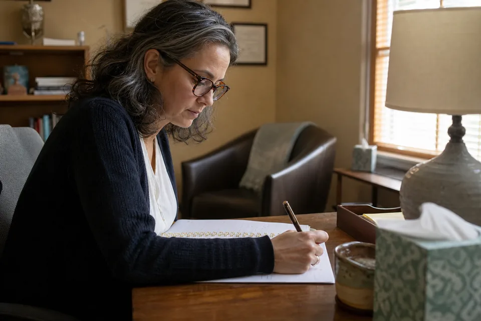 A therapist at her office desk between sessions, writing in a paper calendar