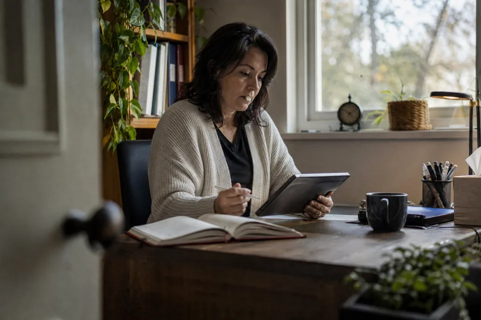 A therapist at her desk between sessions reading on a tablet, bookshelf and plants behind, window light